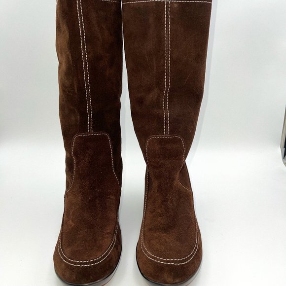 Crocs Dark Brown Suede Tall Boots Wedge Heels Sz 10.5 - Picture 2 of 8